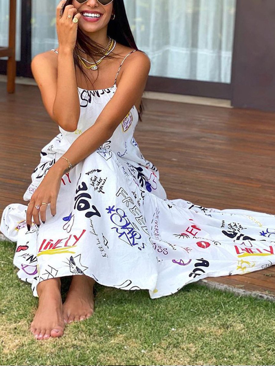 Cross Open Back Drawstring Print Maxi Dress