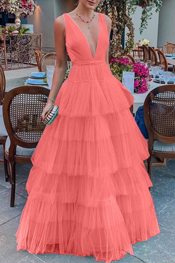 Mesh Cake Sling Sleeveless Maxi Dress