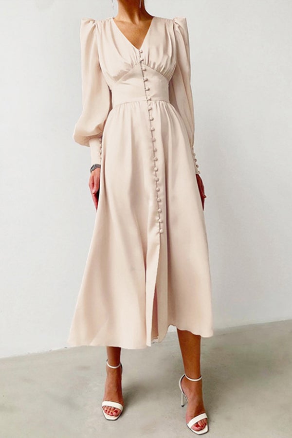 V-neck Lantern Sleeve Waist Slim Vintage Dress