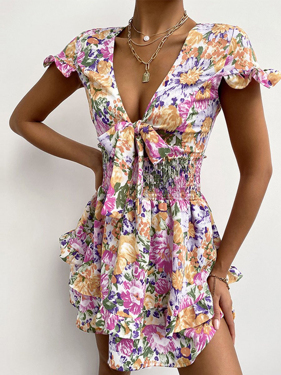 V-neck Knot Front Print Smocked Mini Dress