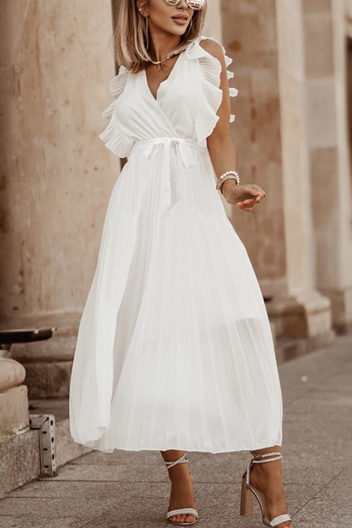 Fashion V Neck Solid Color Slim Ruffle Smocked Dress