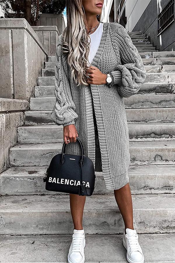 Solid Color Long Lantern Sleeve Knitted Twist Cardigan