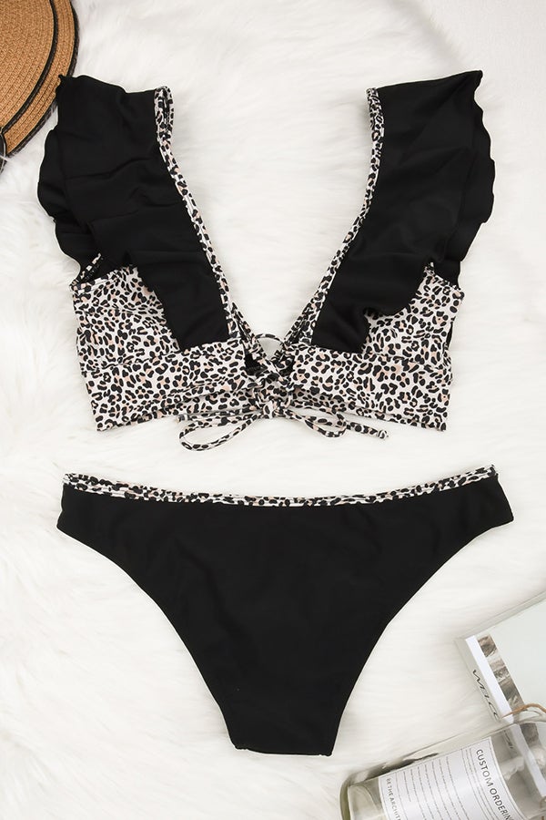 V-neck Ruffled Leopard Print Bikin