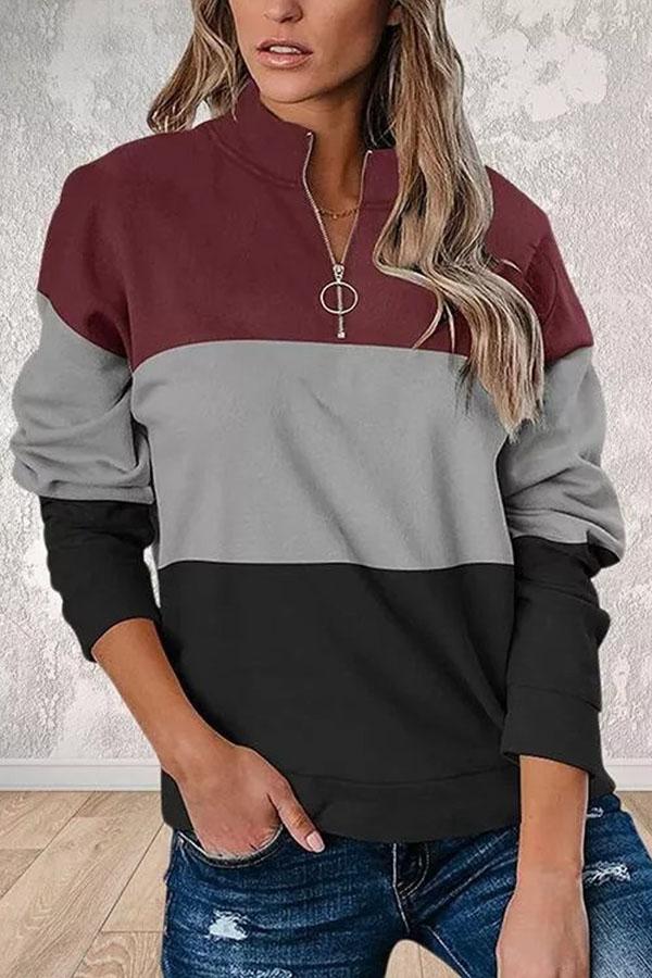 Print Color Block V-Neck Long Sleeves Sweatshirt