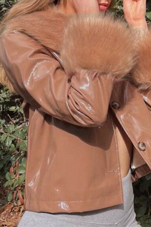 Chic Faux Fur Patchwork Bodycon Leather Coat