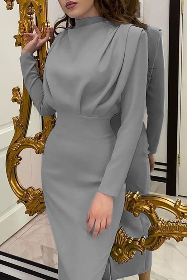 Fashiona Elegant Waist Solid Color Long-sleeved Dress