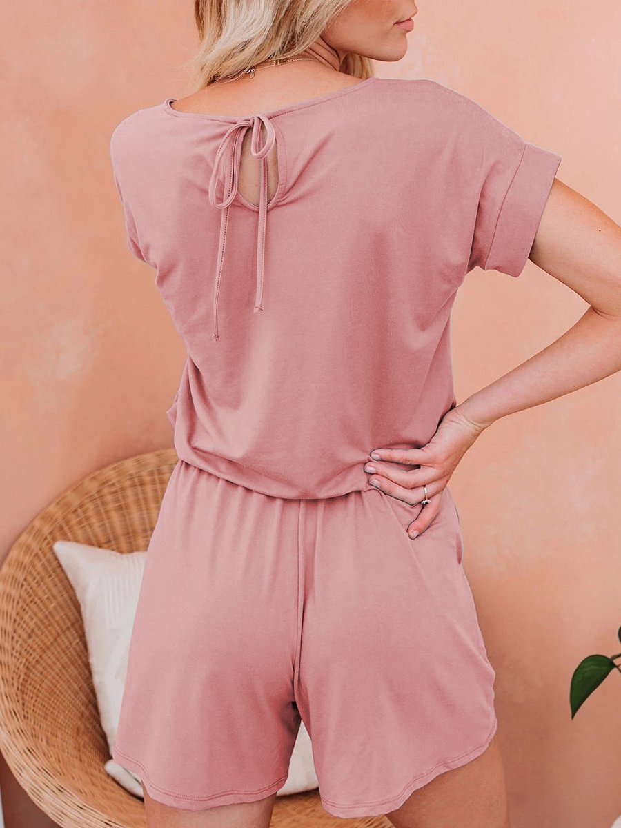 Solid Back Tie Casual Romper