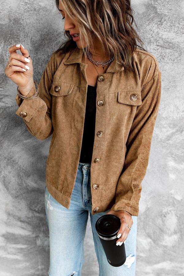 Ribbed Corduroy Long Sleeve Jacket with Pocket