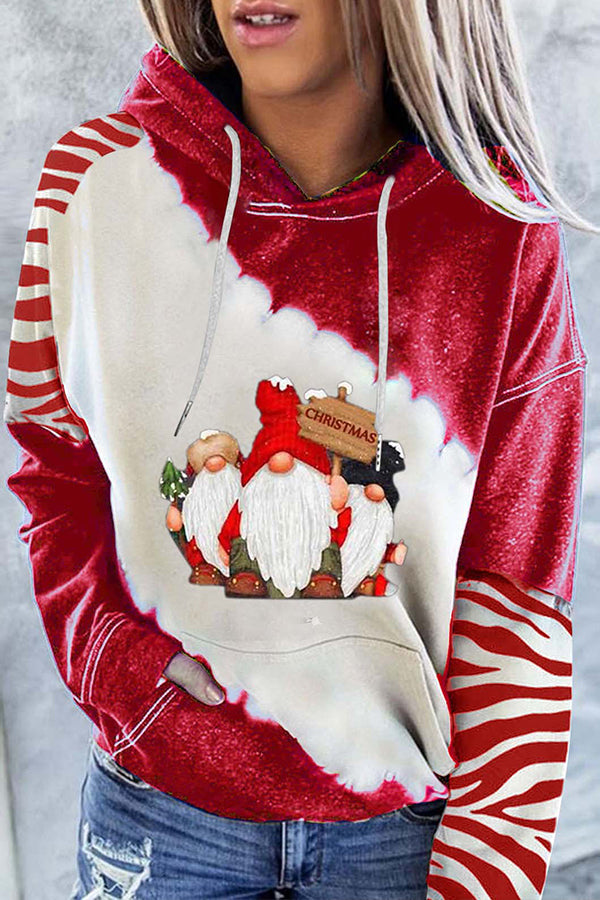 Santa Claus Print Color Block Hoodie (Red)