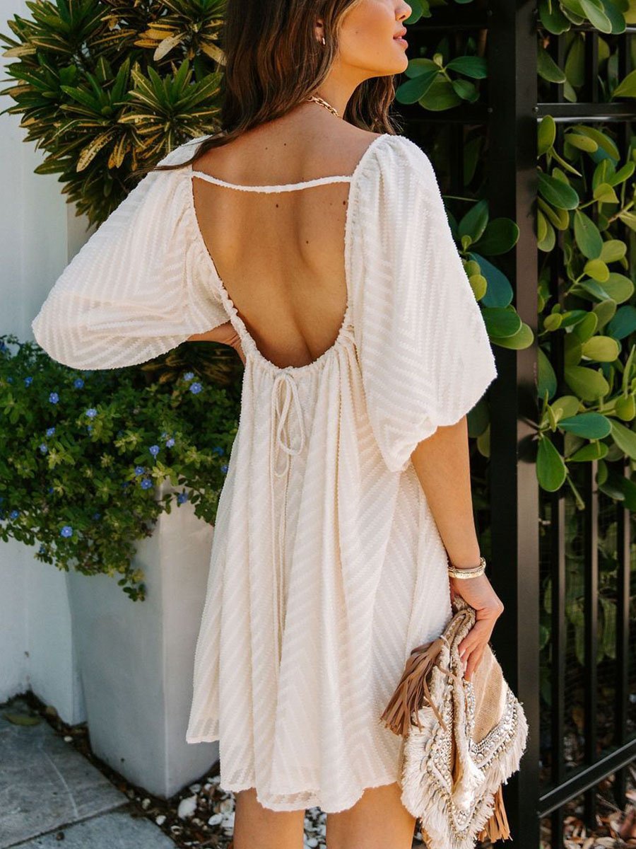 White Open Back Lantern Sleeve Dress