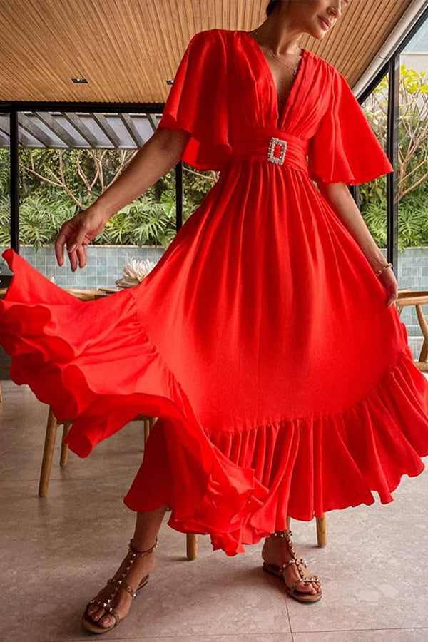 V-neck Flared Sleeves Ruffled Maxi Dress