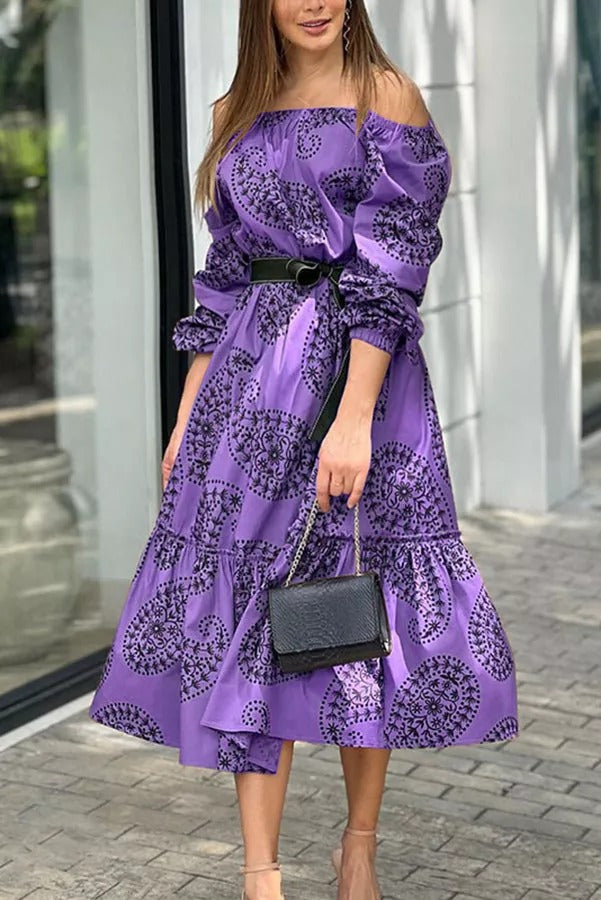 Dynamic Love Printed Off The Shoulder Midi Dress