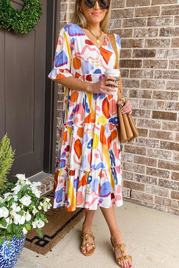 Madison Colorful Print Tiered Midi Dress