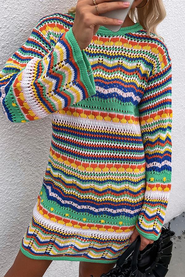 Rainbow Striped Pullover Mid-length Sweater