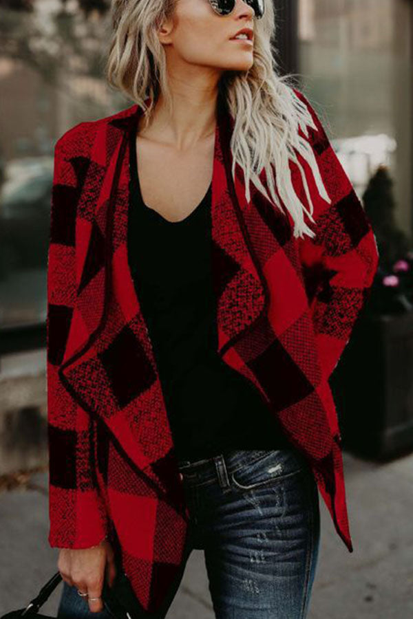 Colorblock Open Drape Front Plaid Coat