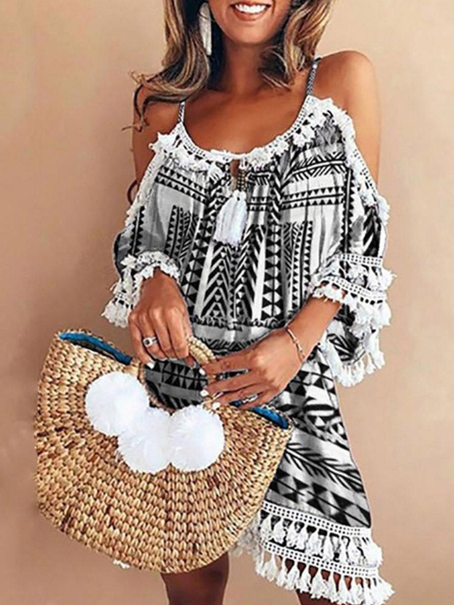 Bohemia Geometric Print Tassels Strapless Dress