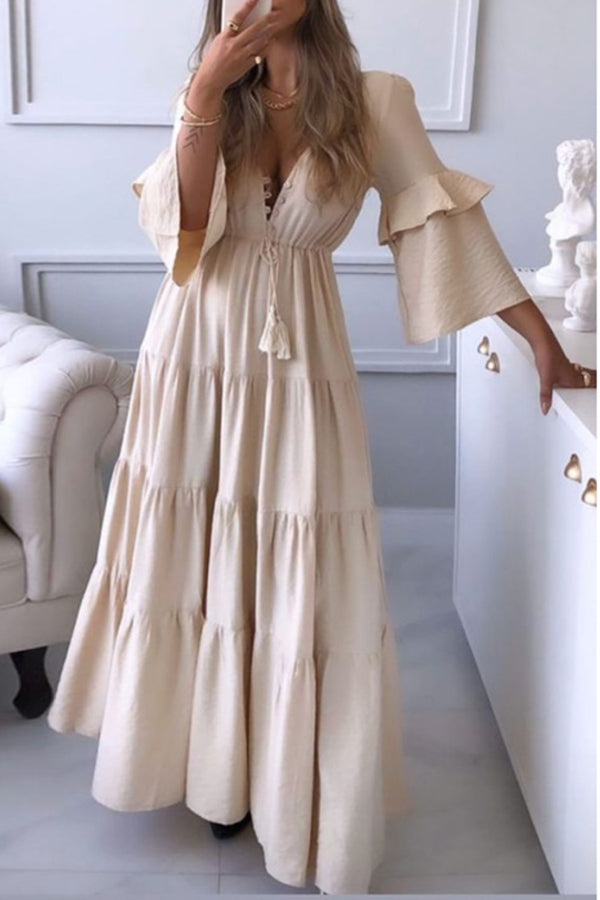 V-neck Lace Up Dress Solid MaXI Dress