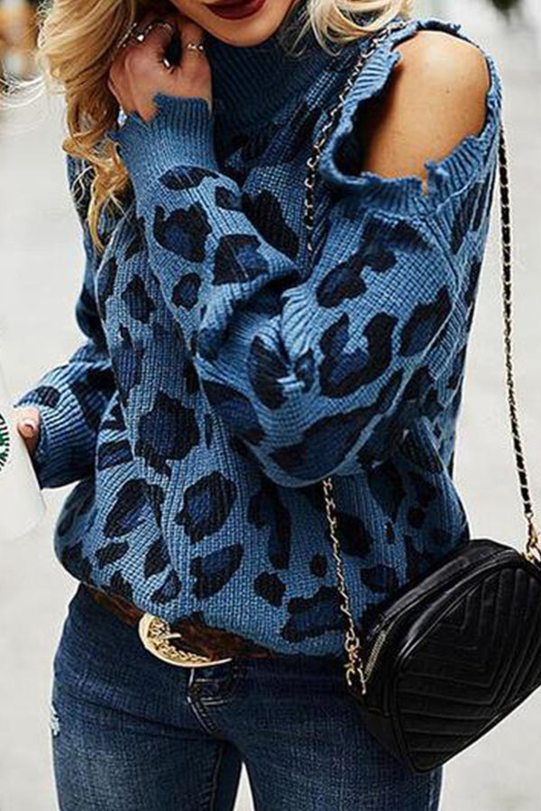 Turtleneck Cold-Shoulder Leopard Sweater
