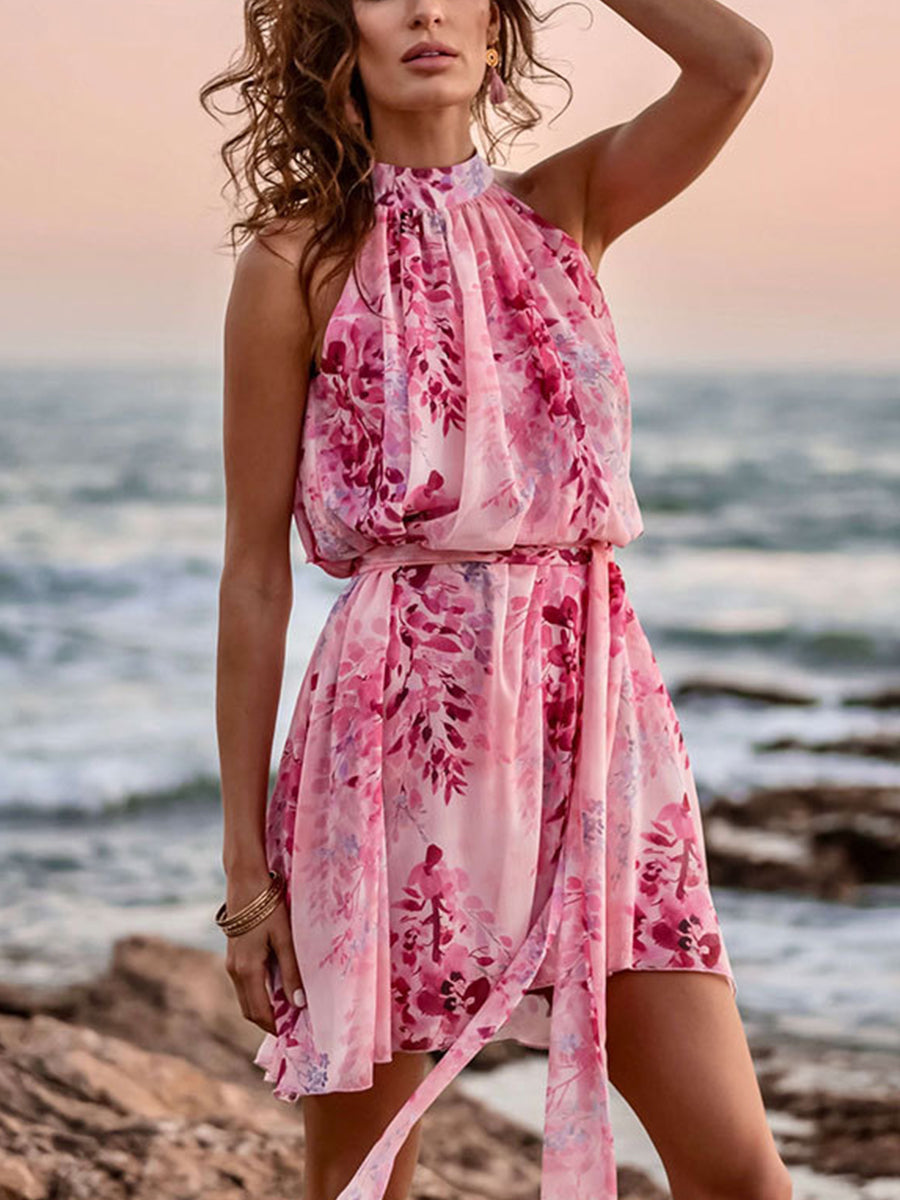Halter Neck Sleeveless Print Chiffon Mini Dress