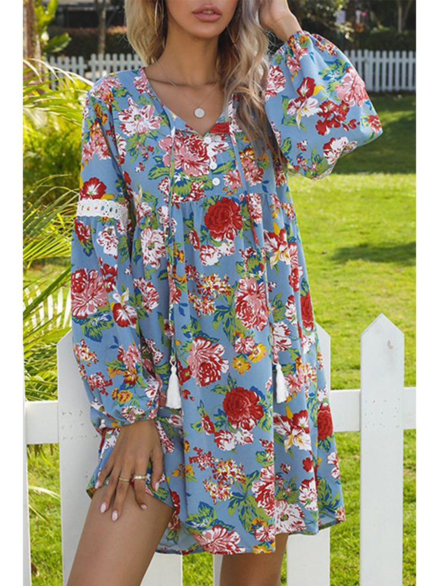 Pretty Floral Print V Neck Dress