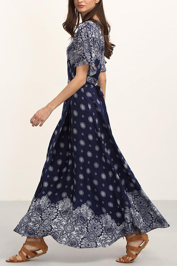 Printed Cross V-neck Belt Short Sleeve Dress