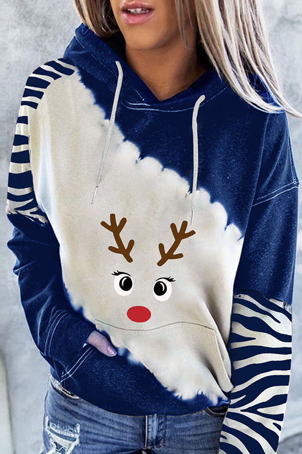 Santa Claus Print Color Block Hoodie (Blue )