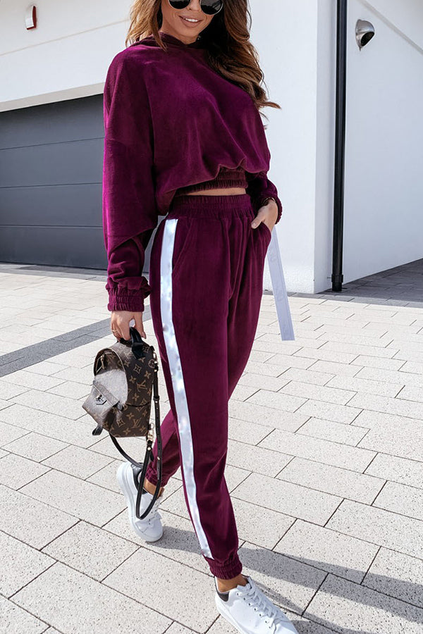 Pure Color Hooded Long-sleeved Gold Velvet Two-piece Suit