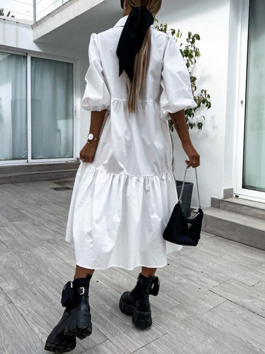 Solid Lapel Shirt Dress