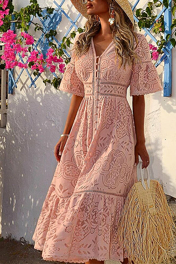 V-neck Solid Slim-fit Lace Midi Dress