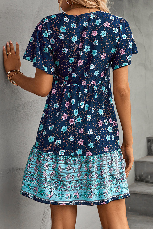 Button V-Neck Floral Loose Mini Dress