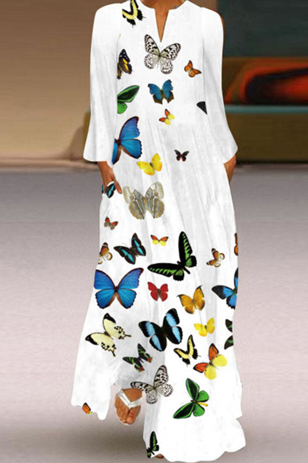 Printed V-neck Long Sleeve Dress