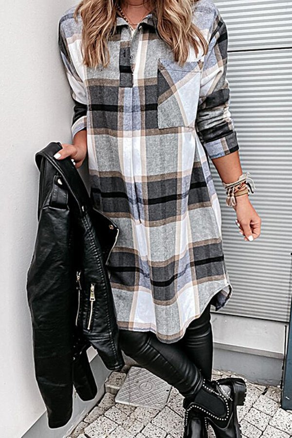 Plaid Pocket Long Sleeve Casual Shirt Dress