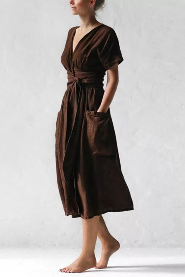 Forever Yours Belt High Waist Cotton- Linen Dress