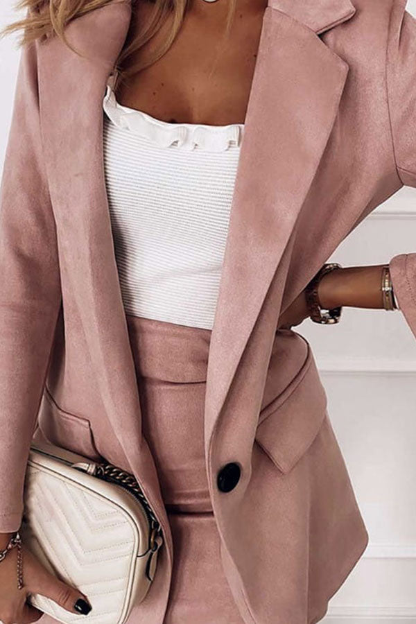 Plain Pocket Design Blazer Coat & Skirt Set