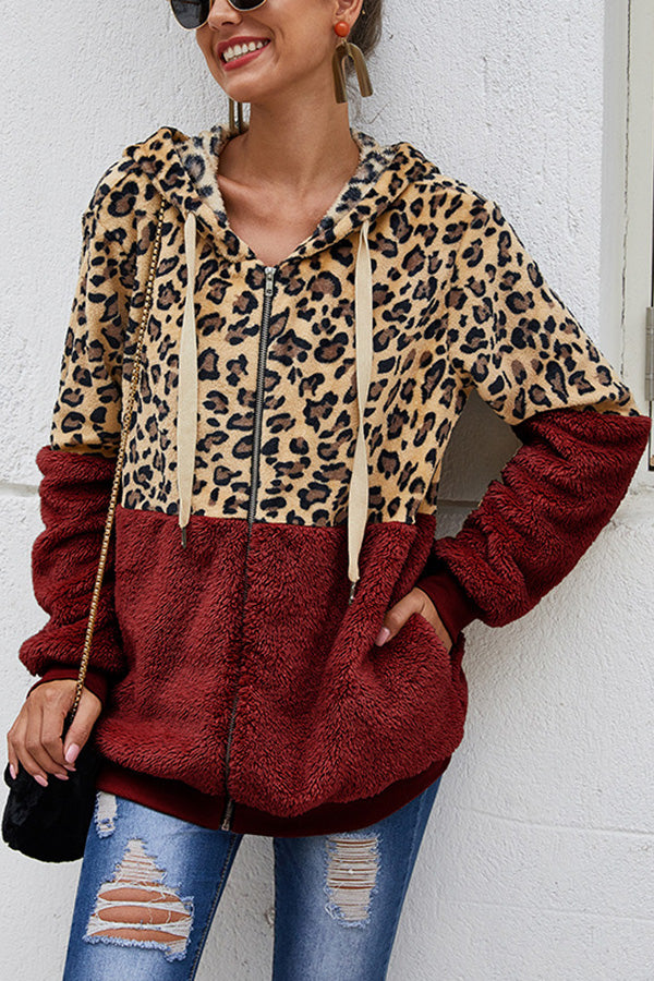 Leopard Patchwork Hooded Plush Coat