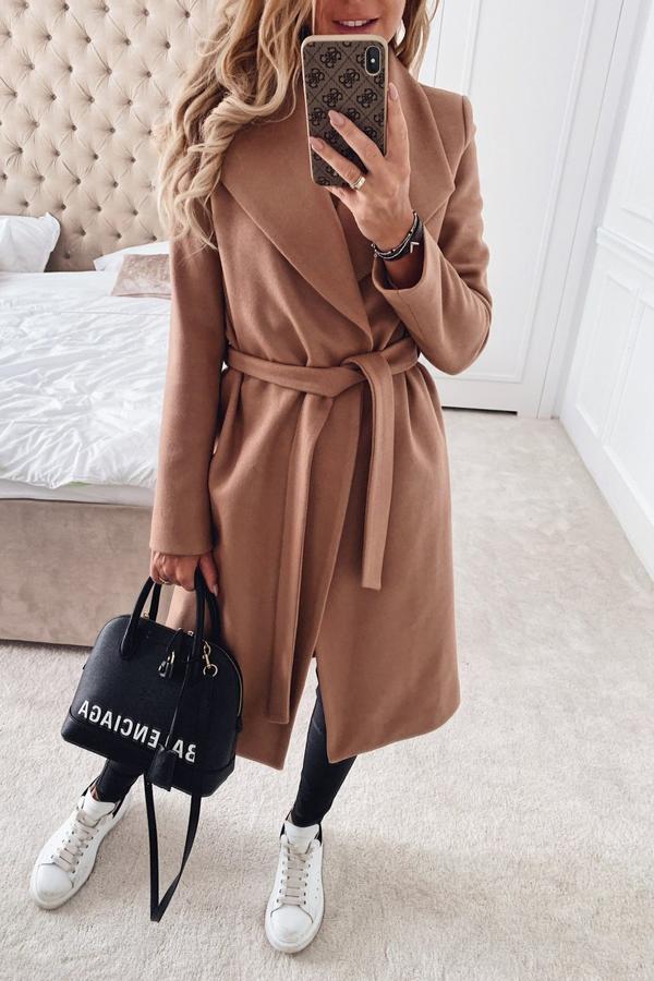 FASHION SOLID COLOR CASUAL TURNDOWN COLLAR LONG COAT