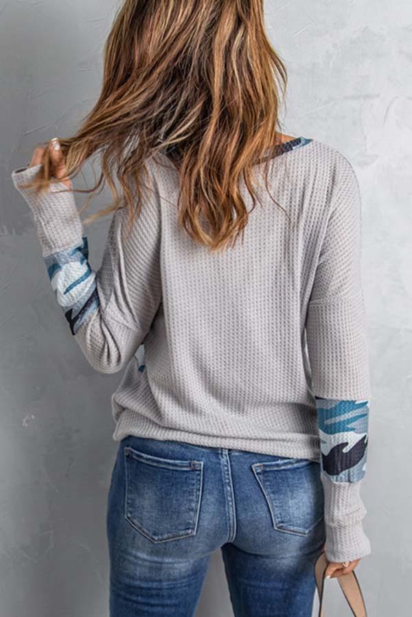 Print Splicing Waffle Knit Top