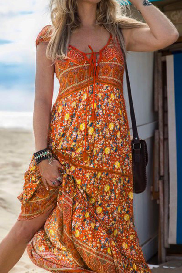 V Neck Boho Floral-Print Dress