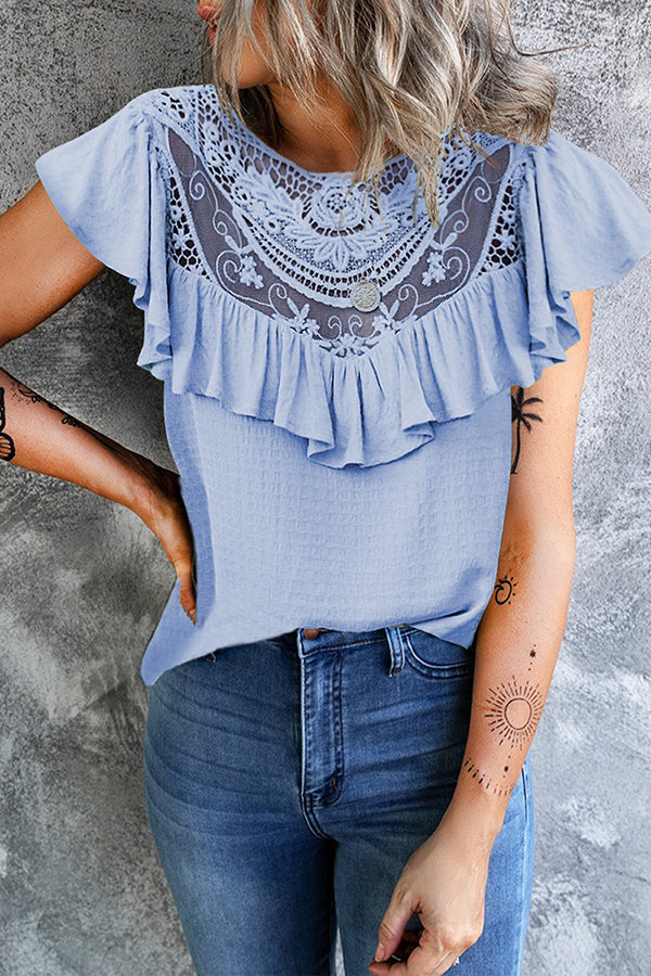 Summer Lace Women's Ruffled Crew Neck Loose Top