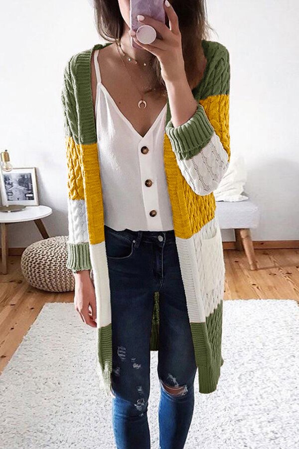 Simple Pocket Stitching Contrast Twist Sweater Cardigan
