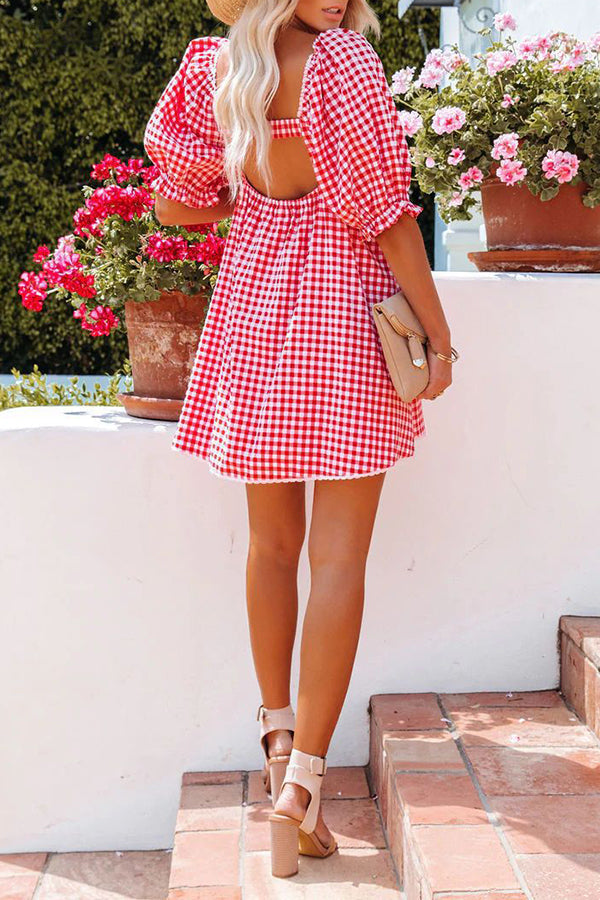 Check Print Lace Panel Backless Mini Dress