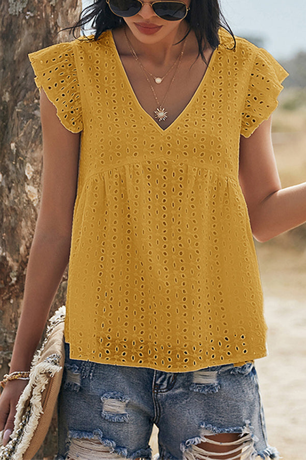 V-neck Lotus Leaf Sleeve Hollow Loose Women's Top