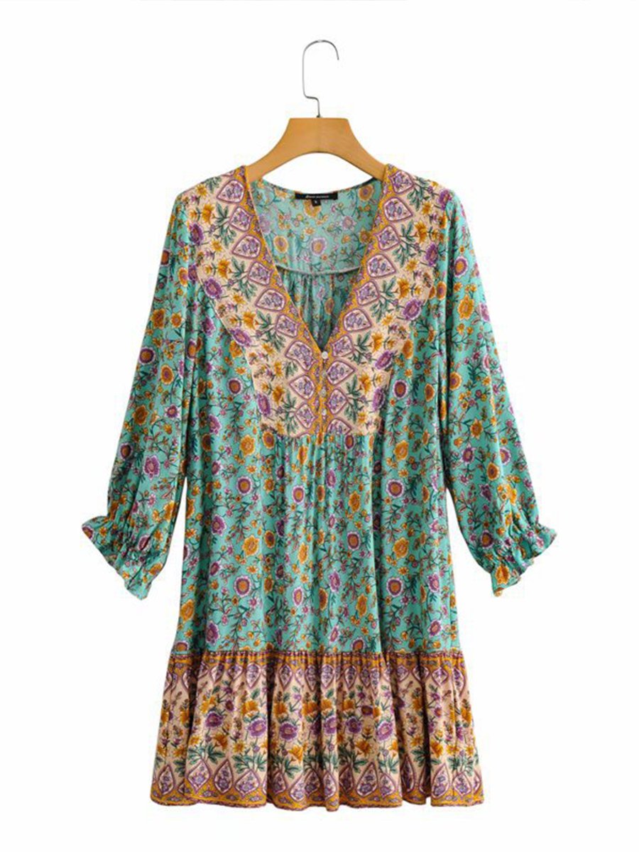 V-neck Multicolor Print Mini Dress