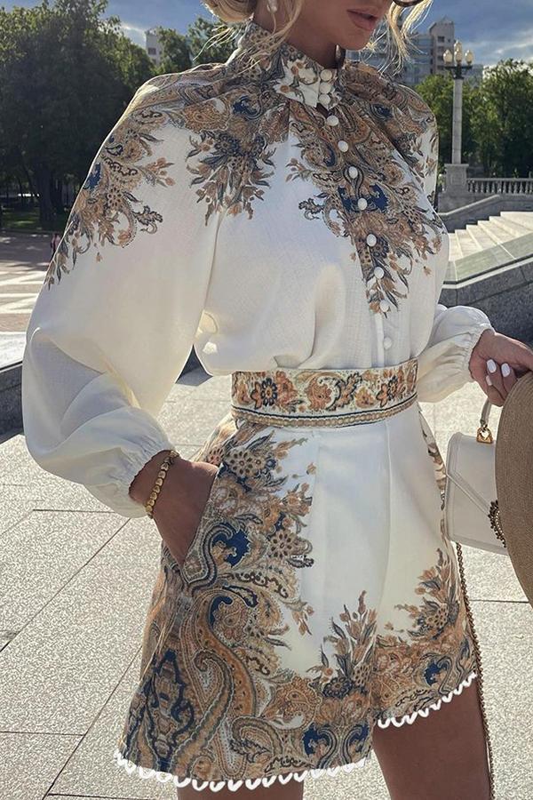 Baroque Print Button Front Long Sleeve Top & Shorts Set