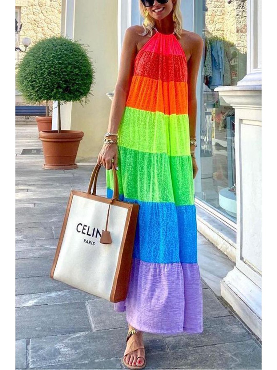 Gorgeous Rainbow Stitching Maxi Dress