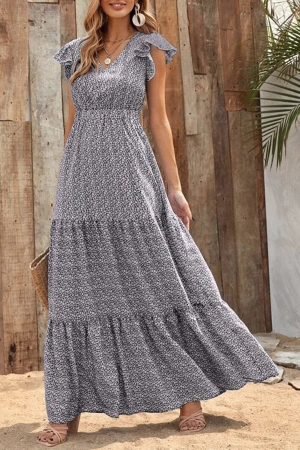V-Neck High Waist Floral Print Layered Short Sleeve Maxi Dress