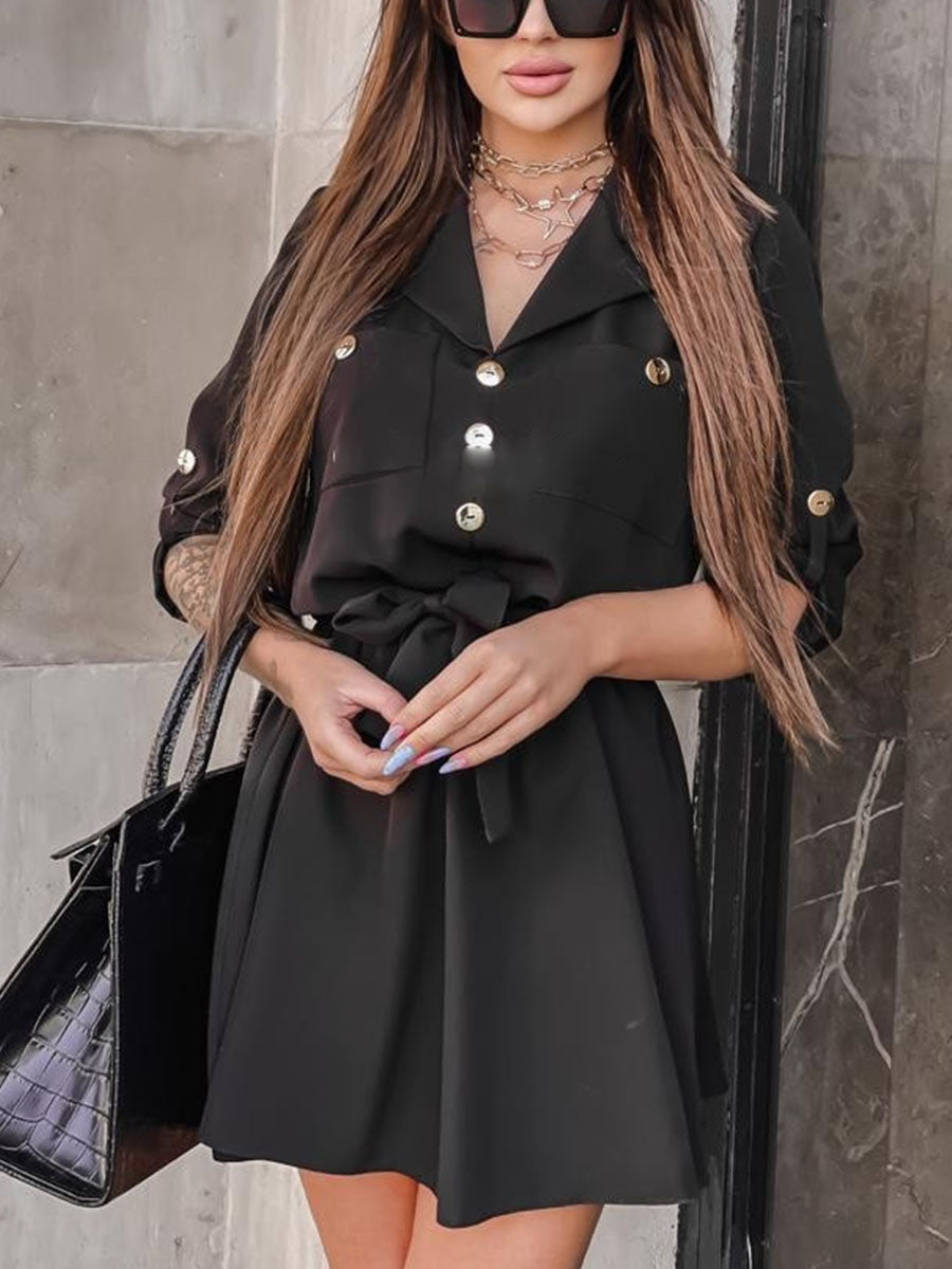 Solid Lapel Neck Bidded Shift Mini Dress