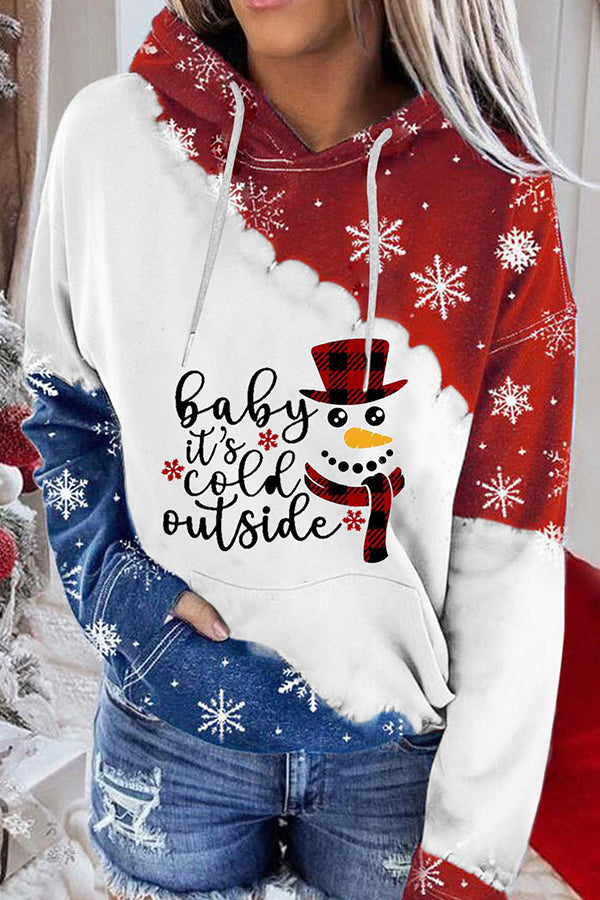 Santa Claus Print Color Block Hoodie (Red and blue)