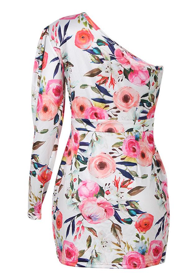 Floral Printed One Shoulder Puff Sleeve Party Dress
