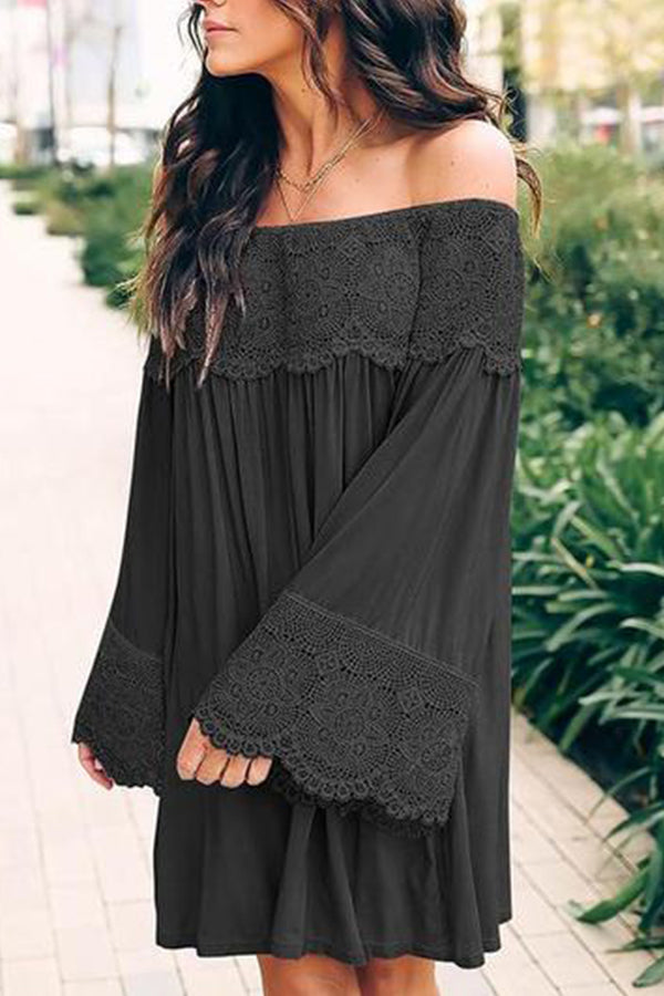 Off-Shoulder Lace Stitching Flared Sleeve Mini Dress